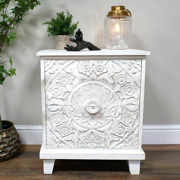 Bedside cabinet - 2 drawer - off white carved mango wood