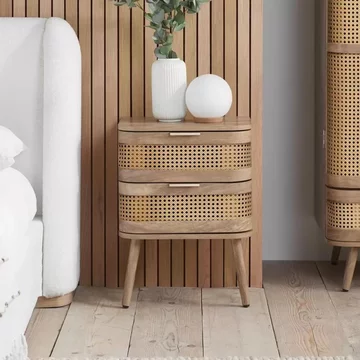 Noah curved bedside table - 2 drawer - oak and rattan