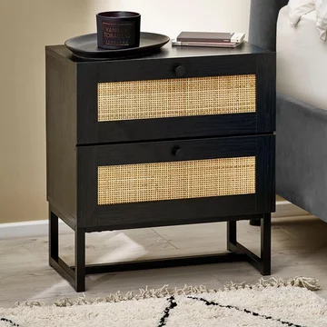 Padstow bedside cabinet - 2 drawer - black and rattan