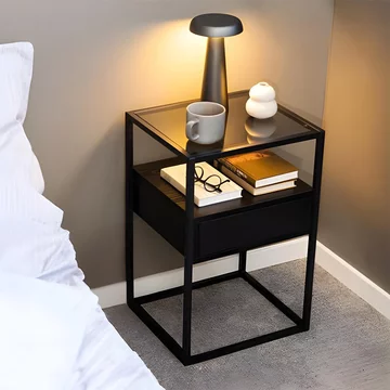 Randolf bedside table - 1 drawer - smoked glass and black
