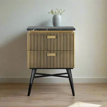 Stephen bedside cabinet - ribbed brass - 2 drawer - black marble top