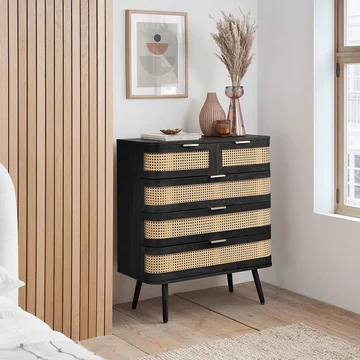 Noah chest - 2+3 drawer - black and rattan