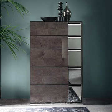 Heritage narrow chest - 5 drawer - with mirrored accent - dark velvet birch high gloss