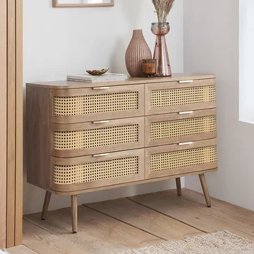Noah curved chest - 6 drawer - wide - oak and rattan