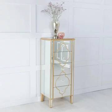Casablanca narrow chest - 5 drawer - mirrored - gold trim