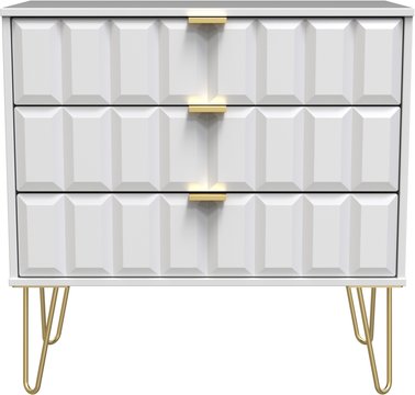 Cube small chest - 3 drawer - with gold hairpin legs - white