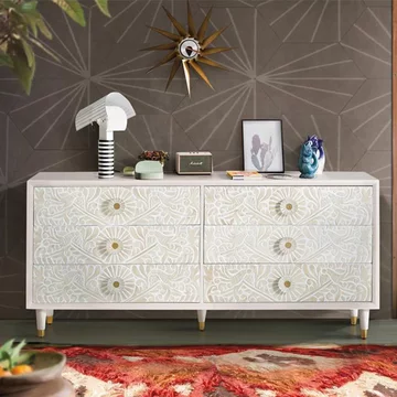 Dover chest - ivory white carved mango wood - 6 drawer - wide