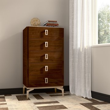 Modern eva tall chest - 5 drawer - walnut with gold trim