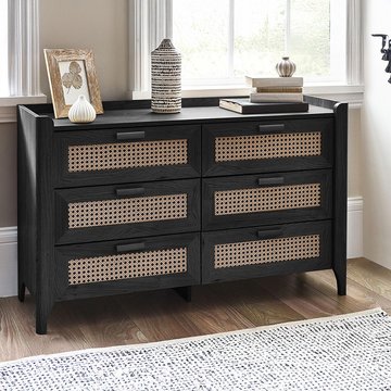 Sydney chest - 6 drawer - wide - black and faux rattan