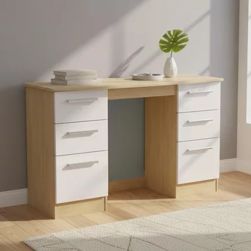 Knightsbridge dressing table - double - 6 drawer - white gloss and light oak