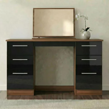 Knightsbridge dressing table - 6 drawer - double - black gloss and walnut