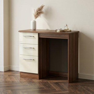 Knightsbridge dressing table - single - 3 drawer - cream gloss and walnut