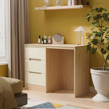 Monaco dressing table - single - 3 drawer - cream gloss and light oak