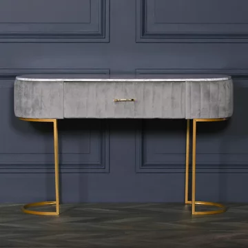 Upholstered dressing table - grey velvet - curved - 1 drawer
