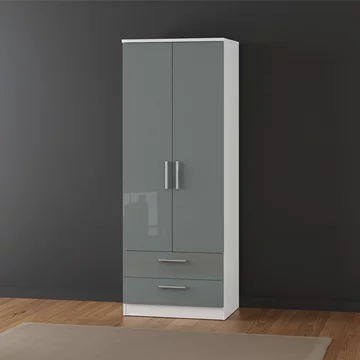 Knightsbridge wardrobe - 2 door - 2 drawer - tall - grey gloss and white