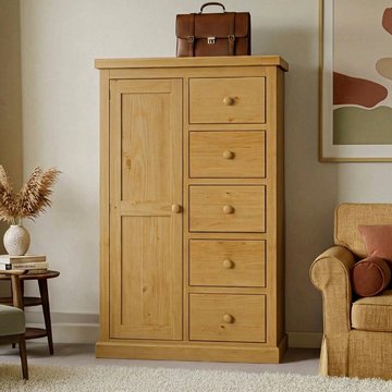 Churchill wardrobe - 1 door 5 drawer - combination - waxed pine