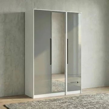Monaco wardrobe - 3 door - 1 mirror - rhf 2 drawer - tall - combi - grey gloss and white