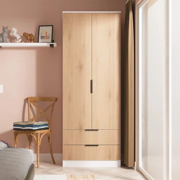 Java fluted wardrobe - 2 door - 2 drawer - tall robe - natural and white