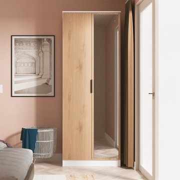 Java fluted wardrobe - 2 door - tall - 1 mirror - natural and white