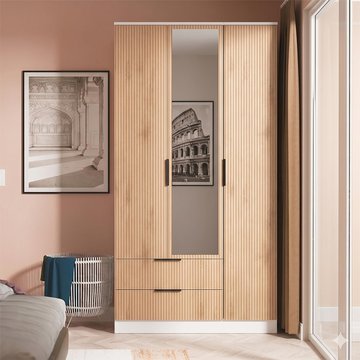 Java fluted wardrobe - 3 door - tall triple combi - 1 mirror - natural and white