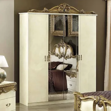 Barocco italian wardrobe - 4 door - with mirrors - ivory and gold