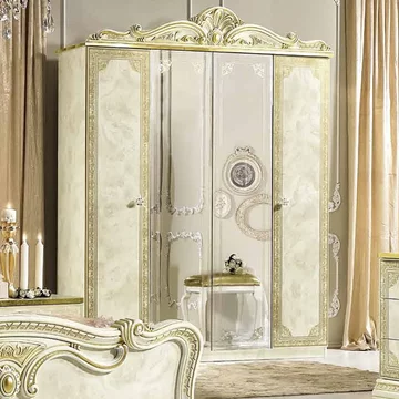 Leonardo italian wardrobe - 4 door - with mirrors - ivory gloss and gold