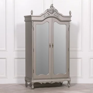 French style armoire wardrobe - antique silver - 2 door mirror