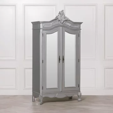 French style armoire wardrobe - silver carved - 2 door mirror