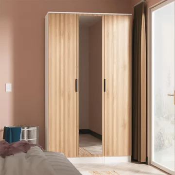 Java fluted wardrobe - 3 door - tall triple robe - 1 mirror - natural and white