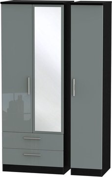Knightsbridge wardrobe - 3 door - 1 mirror - lhf 2 drawer - combi - tall - grey gloss and black