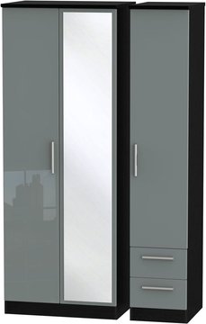 Knightsbridge wardrobe - 3 door - 1 mirror - rhf 2 drawer - combi - tall - grey gloss and black