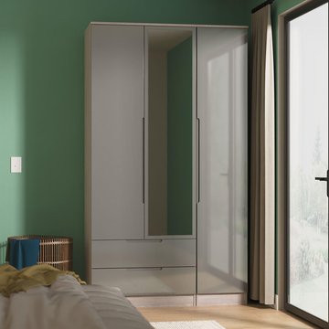 Milan wardrobe - 3 door - 1 mirror - lhf 2 drawer - tall - combi - grey gloss and grey oak