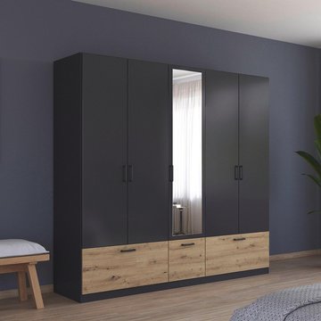 Bari wardrobe - 226cm - 5 door - combi - 3 drawer - metallic grey & artisan oak
