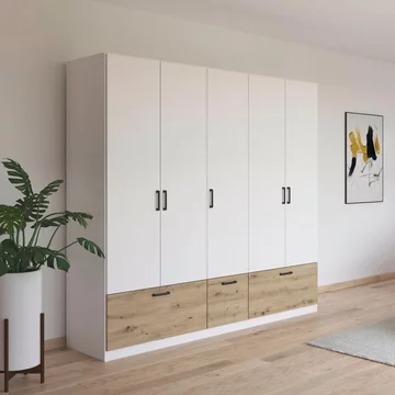 Bari wardrobe - 226cm - 5 door - 3 drawer - alpine white & artisan oak