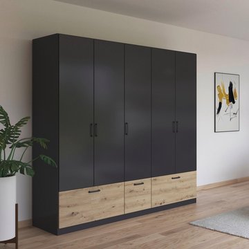 Bari wardrobe - 226cm - 5 door - 3 drawer - metallic grey & artisan oak