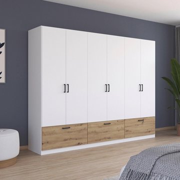 Bari wardrobe - 271cm - 6 door - 3 drawer - alpine white & artisan oak