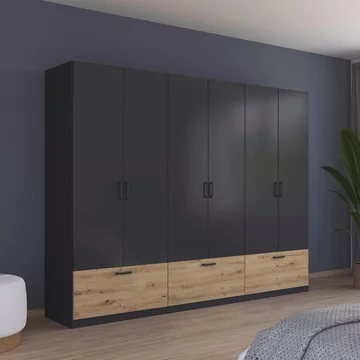 Bari wardrobe - 271cm - 6 door - 3 drawer - metallic grey & artisan oak