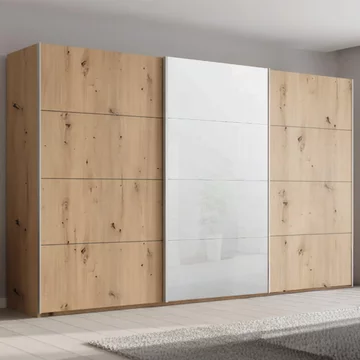 Beluga extra sliding wardrobe - 406cm - 3 door - white high gloss & artisan oak front
