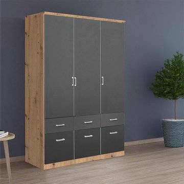 Celle wardrobe - 136cm - 3 door - 6 drawer - artisan oak & metallic dark grey