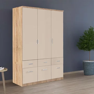 Celle wardrobe - 136cm - 3 door - 6 drawer - sonoma oak & champagne