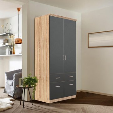 Celle wardrobe - 91cm - 2 door - sonoma oak & metallic dark grey - 4 drawer