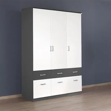 Celle super wardrobe - 136cm - 3 door - 6 drawer - metallic dark grey & alpine white