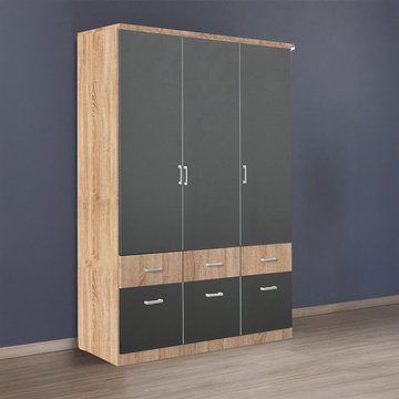 Celle super wardrobe - 136cm - 3 door - 6 drawer - sonoma oak & metallic dark grey