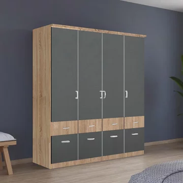 Celle super wardrobe - 181cm - 4 door - with drawer - sonoma oak & metallic dark grey