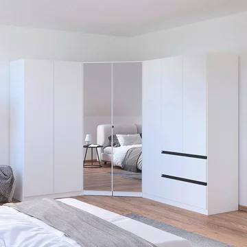 Costa wardrobe - 208cm - 7 door - l-shaped corner & metallic dark grey handle - alpine white