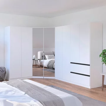 Costa wardrobe - 208cm - 8 door - l-shaped corner & metallic dark grey handle - alpine white