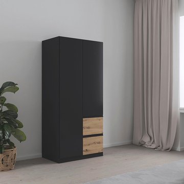 Costa wardrobe - 91cm - 2 door - wardrobe with lhf drawers - metallic dark grey & artisan oak