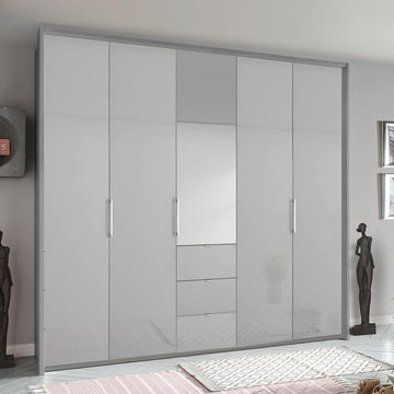 Erimo wardrobe - 254cm - 5 door - 3 drawer - combi - silk grey & silk grey glass