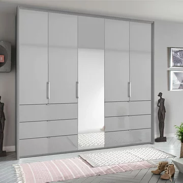Erimo wardrobe - 254cm - 5 door - 6 drawer - combi - silk grey & silk grey glass