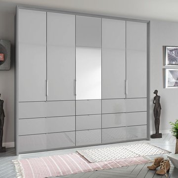 Erimo wardrobe - 254cm - 5 door - 9 drawer - combi - silk grey & silk grey glass